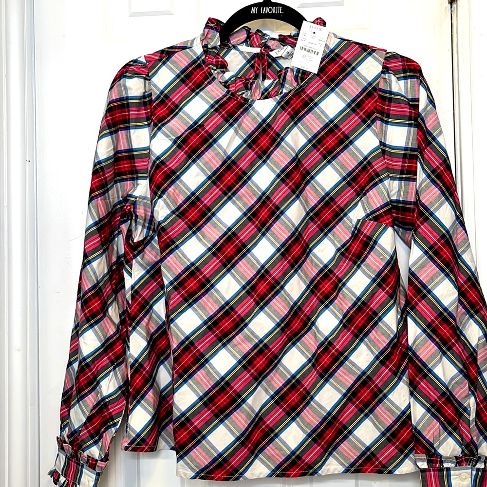 J. Crew Factory Plaid Tie-Neck Long Sleeve Blouse in Red, White, Blue